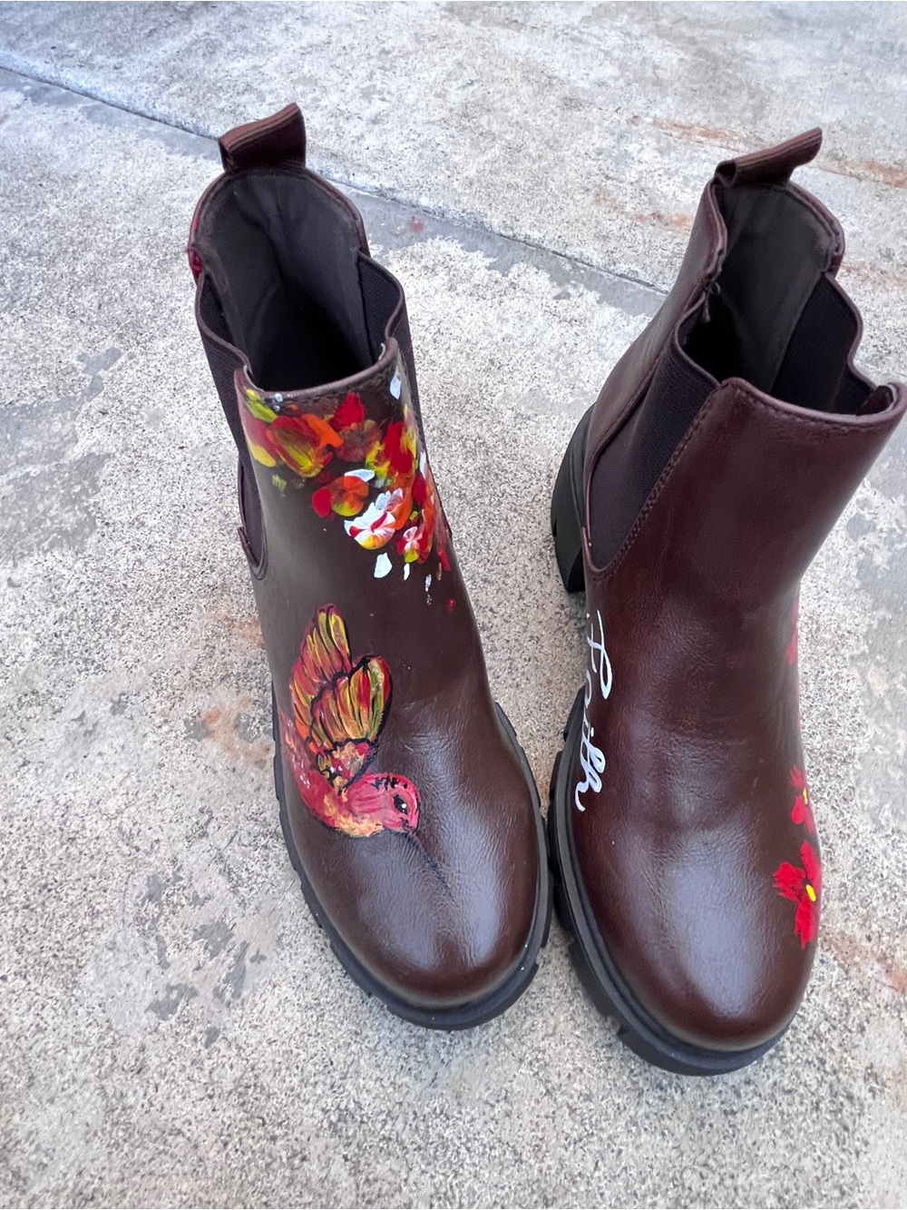 Soda Brown Ankle Boots with Hand-Painted Floral & Bird Art